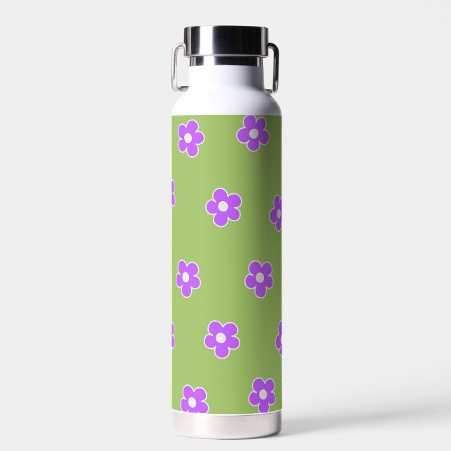 Green Purple Retro Y2K Flower Pattern Water Bottle (Front)