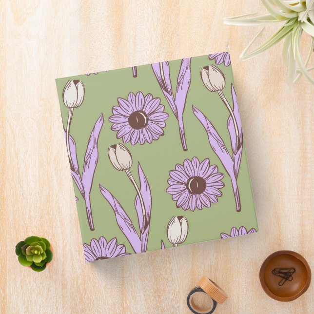 Green Purple Retro Y2K Funky Hippie Flower Pattern 3 Ring Binder (In Situ)