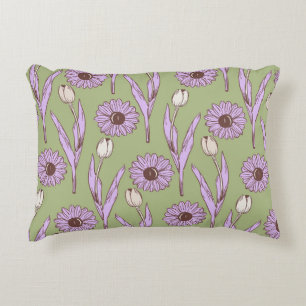Green Purple Retro Y2K Funky Hippie Flower Pattern Accent Pillow