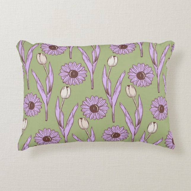 Green Purple Retro Y2K Funky Hippie Flower Pattern Accent Pillow (Front)