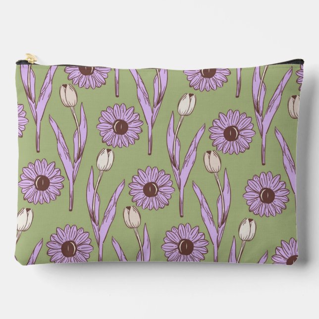 Green Purple Retro Y2K Funky Hippie Flower Pattern Accessory Pouch (Front)