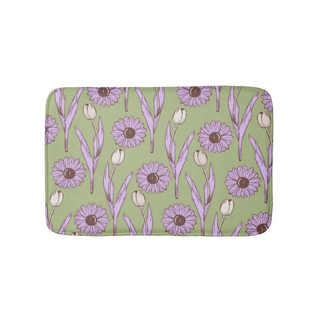 Green Purple Retro Y2K Funky Hippie Flower Pattern Bath Mat (Front)