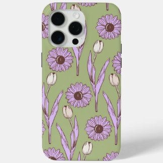 Green Purple Retro Y2K Funky Hippie Flower Pattern iPhone 15 Pro Max Case