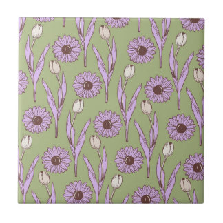 Green Purple Retro Y2K Funky Hippie Flower Pattern Ceramic Tile