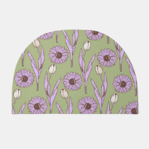 Green Purple Retro Y2K Funky Hippie Flower Pattern Doormat