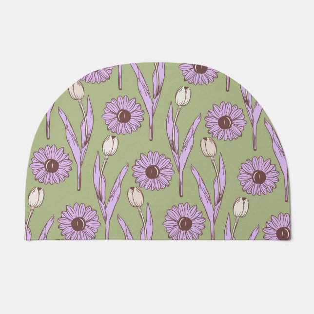 Green Purple Retro Y2K Funky Hippie Flower Pattern Doormat (Front)