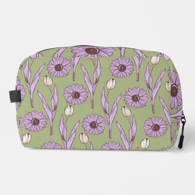 Green Purple Retro Y2K Funky Hippie Flower Pattern Dopp Kit (Front)