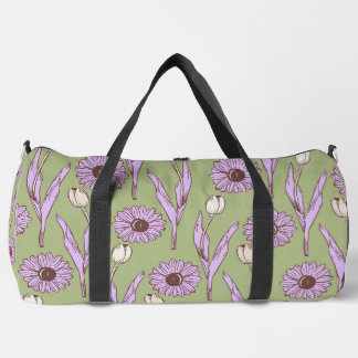 Green Purple Retro Y2K Funky Hippie Flower Pattern Duffle Bag