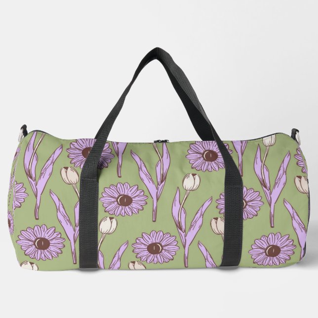 Green Purple Retro Y2K Funky Hippie Flower Pattern Duffle Bag (Front)