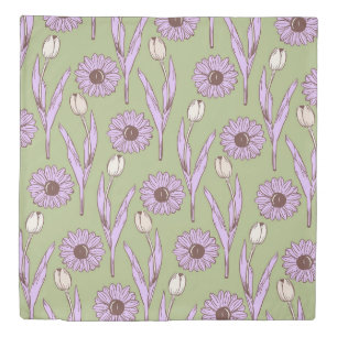 Green Purple Retro Y2K Funky Hippie Flower Pattern Duvet Cover