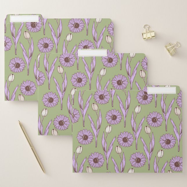 Green Purple Retro Y2K Funky Hippie Flower Pattern File Folder (Set)
