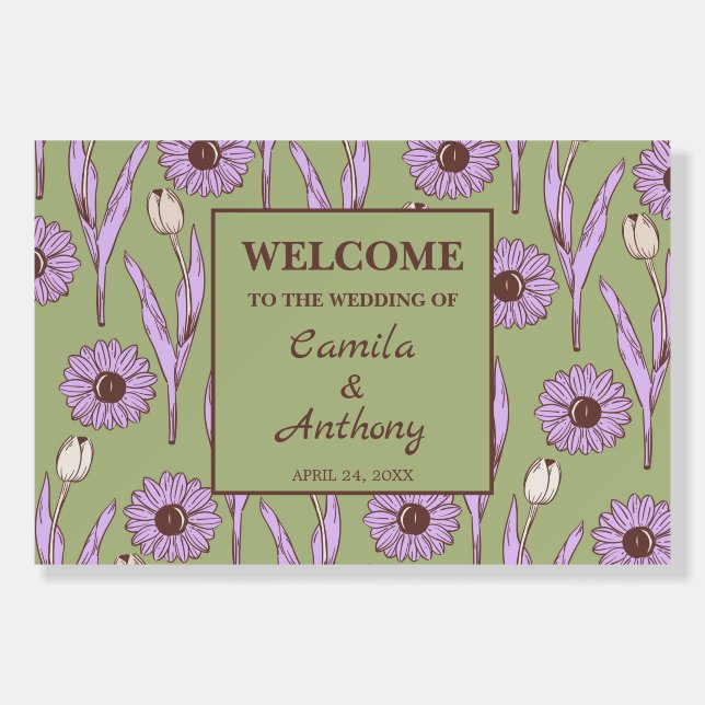 Green Purple Retro Y2K Funky Hippie Flower Pattern Foam Board (Front)