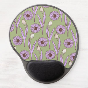 Green Purple Retro Y2K Funky Hippie Flower Pattern Gel Mouse Pad