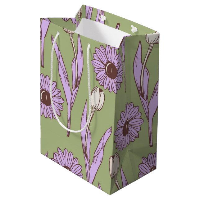 Green Purple Retro Y2K Funky Hippie Flower Pattern Medium Gift Bag (Back Angled)