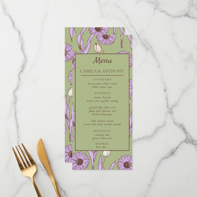 Green Purple Retro Y2K Funky Hippie Flower Pattern Menu (Front/Back In Situ)