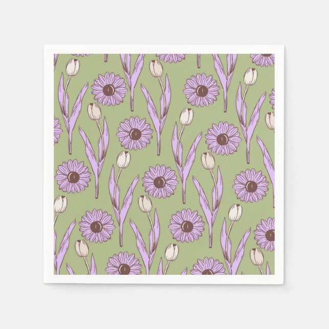 Green Purple Retro Y2K Funky Hippie Flower Pattern Napkins (Front)
