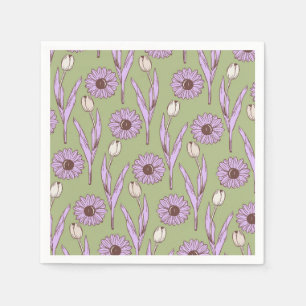 Green Purple Retro Y2K Funky Hippie Flower Pattern Napkins