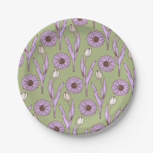 Green Purple Retro Y2K Funky Hippie Flower Pattern Paper Plates