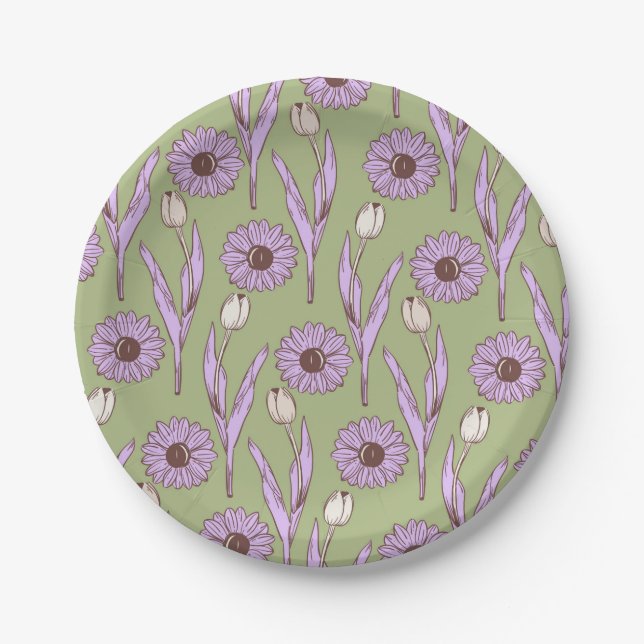 Green Purple Retro Y2K Funky Hippie Flower Pattern Paper Plates (Front)
