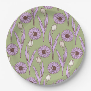 Green Purple Retro Y2K Funky Hippie Flower Pattern Paper Plates