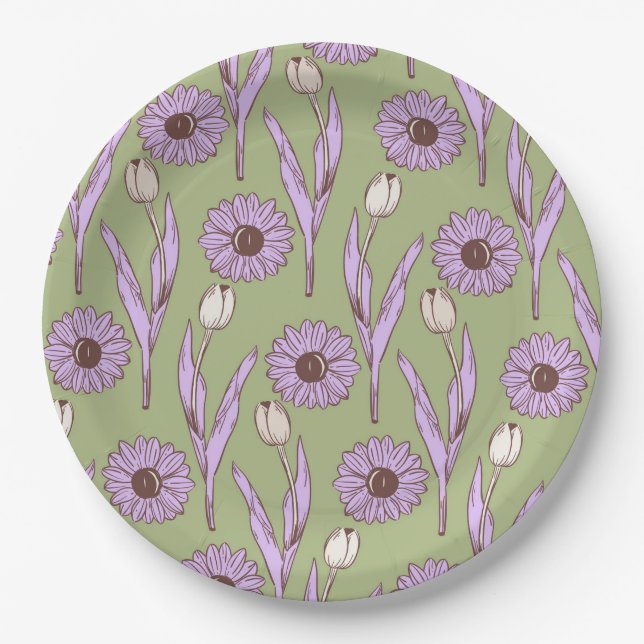 Green Purple Retro Y2K Funky Hippie Flower Pattern Paper Plates (Front)