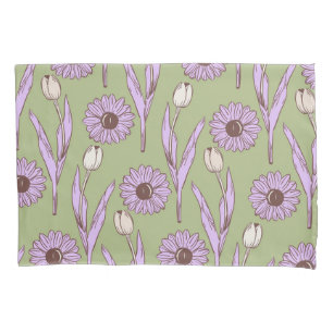 Green Purple Retro Y2K Funky Hippie Flower Pattern Pillow Case