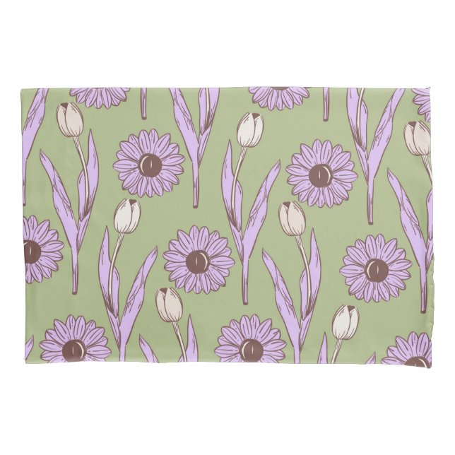Green Purple Retro Y2K Funky Hippie Flower Pattern Pillow Case (Front)