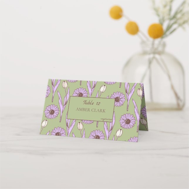 Green Purple Retro Y2K Funky Hippie Flower Pattern Place Card (Front)