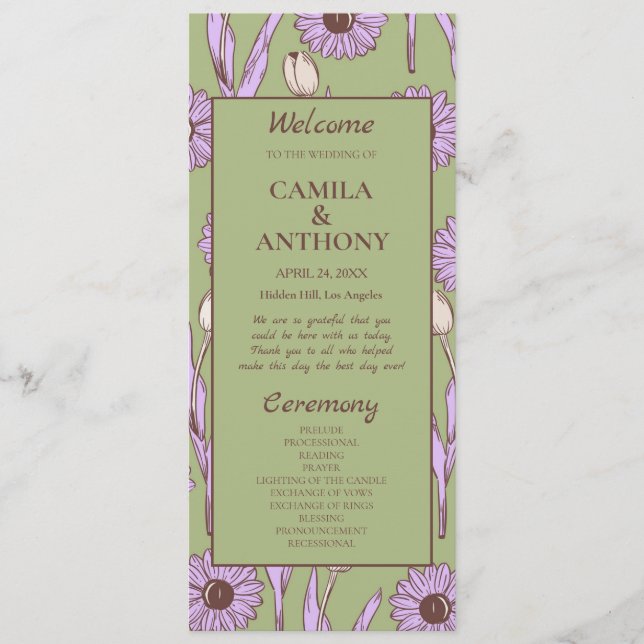 Green Purple Retro Y2K Funky Hippie Flower Pattern Program (Front)