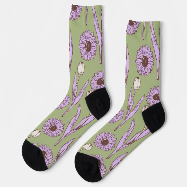 Green Purple Retro Y2K Funky Hippie Flower Pattern Socks (Left)