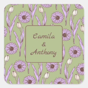Green Purple Retro Y2K Funky Hippie Flower Pattern Square Sticker