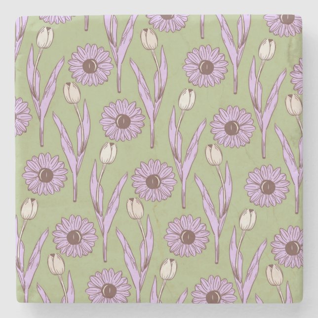 Green Purple Retro Y2K Funky Hippie Flower Pattern Stone Coaster (Front)