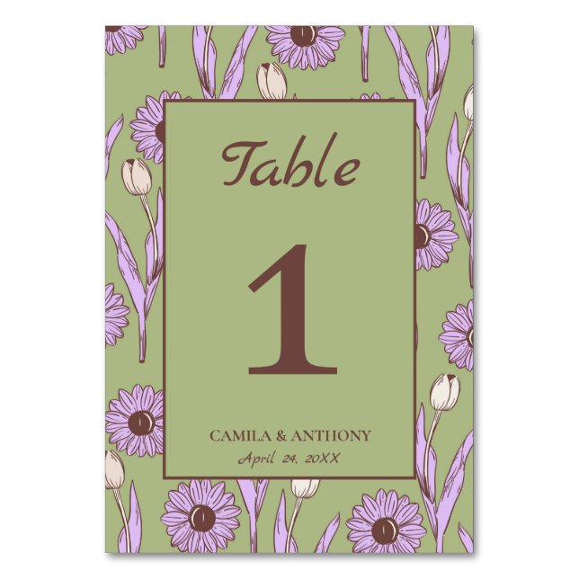 Green Purple Retro Y2K Funky Hippie Flower Pattern Table Number (Back)
