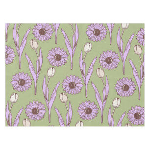 Green Purple Retro Y2K Funky Hippie Flower Pattern Tablecloth