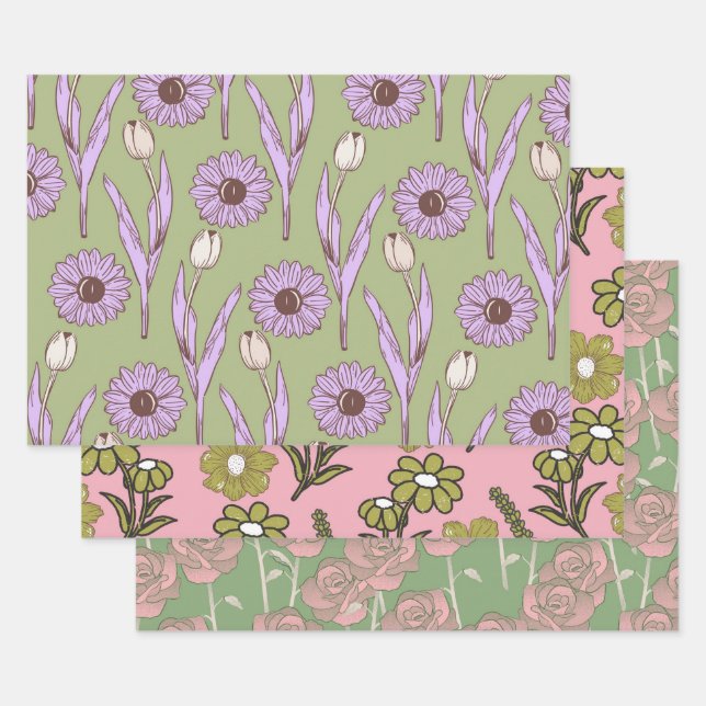 Green Purple Retro Y2K Funky Hippie Flower Pattern Wrapping Paper Sheets (Set)