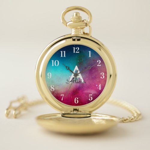 Green Purple Sky Stars Galaxy Space Pocket Watch