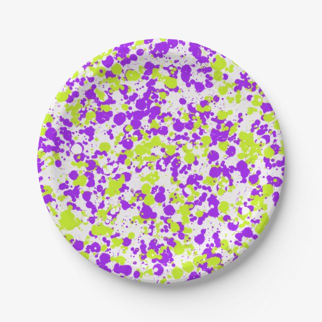 Green Purple Splattered Paint  Paper Plates (Front)