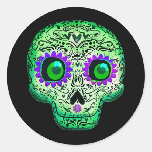 Green  Purple Sugar Skull Black Halloween Party Classic Round Sticker