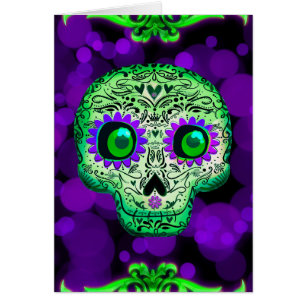 Green & Purple Sugar Skull Glowing Halloween Cards