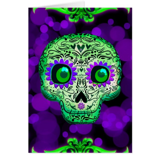Green & Purple Sugar Skull Glowing Halloween Cards (Front)