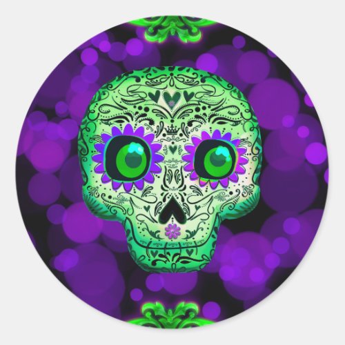 Green  Purple Sugar Skull Glowing Halloween Party Classic Round Sticker