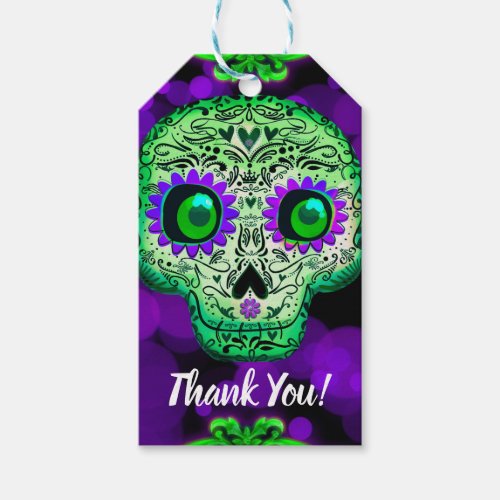 Green  Purple Sugar Skull Glowing Halloween Party Gift Tags