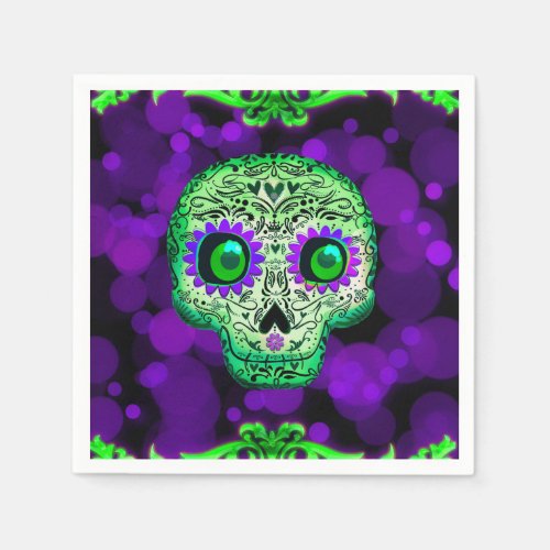 Green  Purple Sugar Skull Glowing Halloween Party Napkins