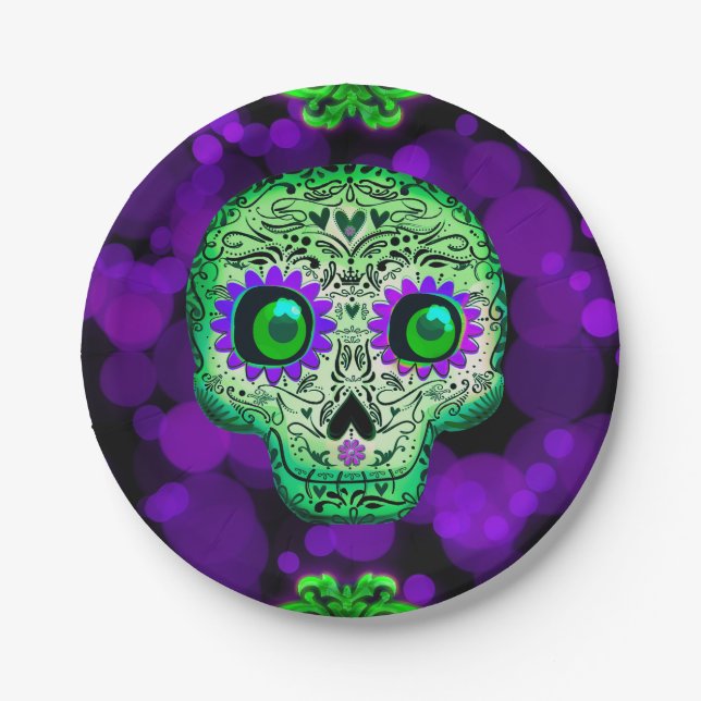 Green & Purple Sugar Skull Glowing Halloween Party Paper Plates (Front)