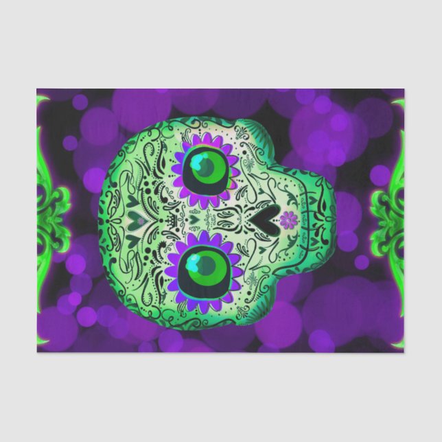 Green & Purple Sugar Skull Glowing Halloween Party Tissue Paper (Front)