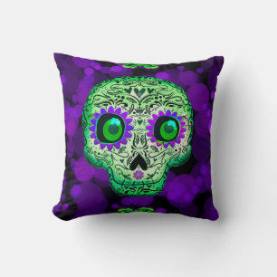 Green & Purple Sugar Skull Glowing Halloween Throw Pillow