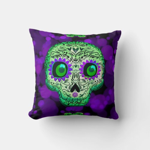 Green  Purple Sugar Skull Glowing Halloween Throw Pillow