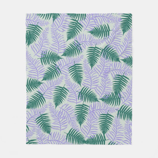 Green Purple Tropical Fern Botanical Spring Summer Fleece Blanket (Front)