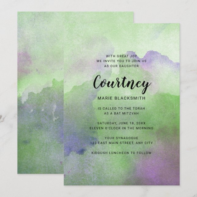 Green Purple Watercolor Bat Mitzvah Invitations (Front/Back)