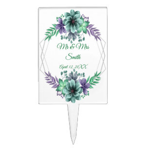 Green Purple Watercolor Floral Wedding Cake Topper